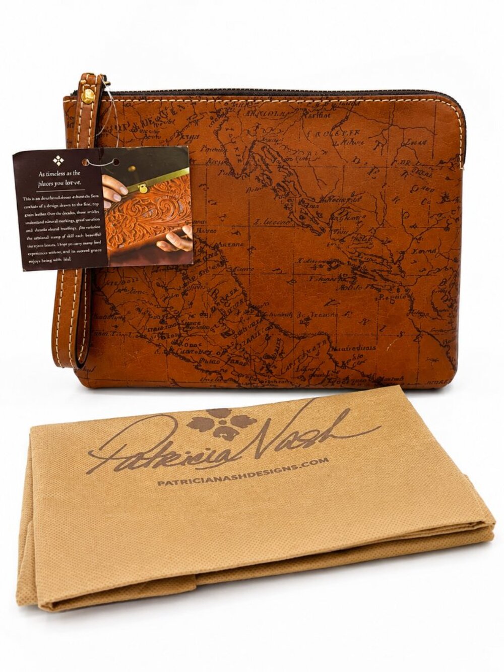 Patricia Nash Map Print Leather Wristlet Pouch – Zippered Bag w/ Dust Bag